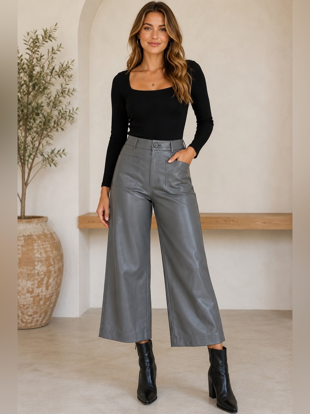 NWT LOFT Palmer Faux Leather Wide Leg Crop Pants Gray Size 8